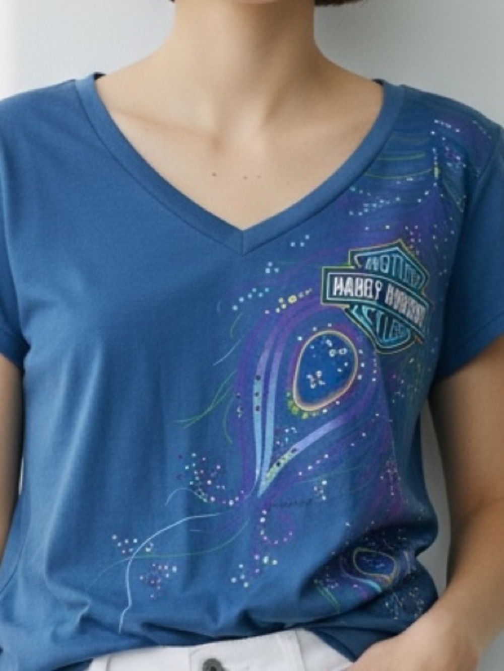HARLEY DAVIDSON TEE SHIRT PLUNGE NECK EMBELLISHED GRAPHIC Size L Blue